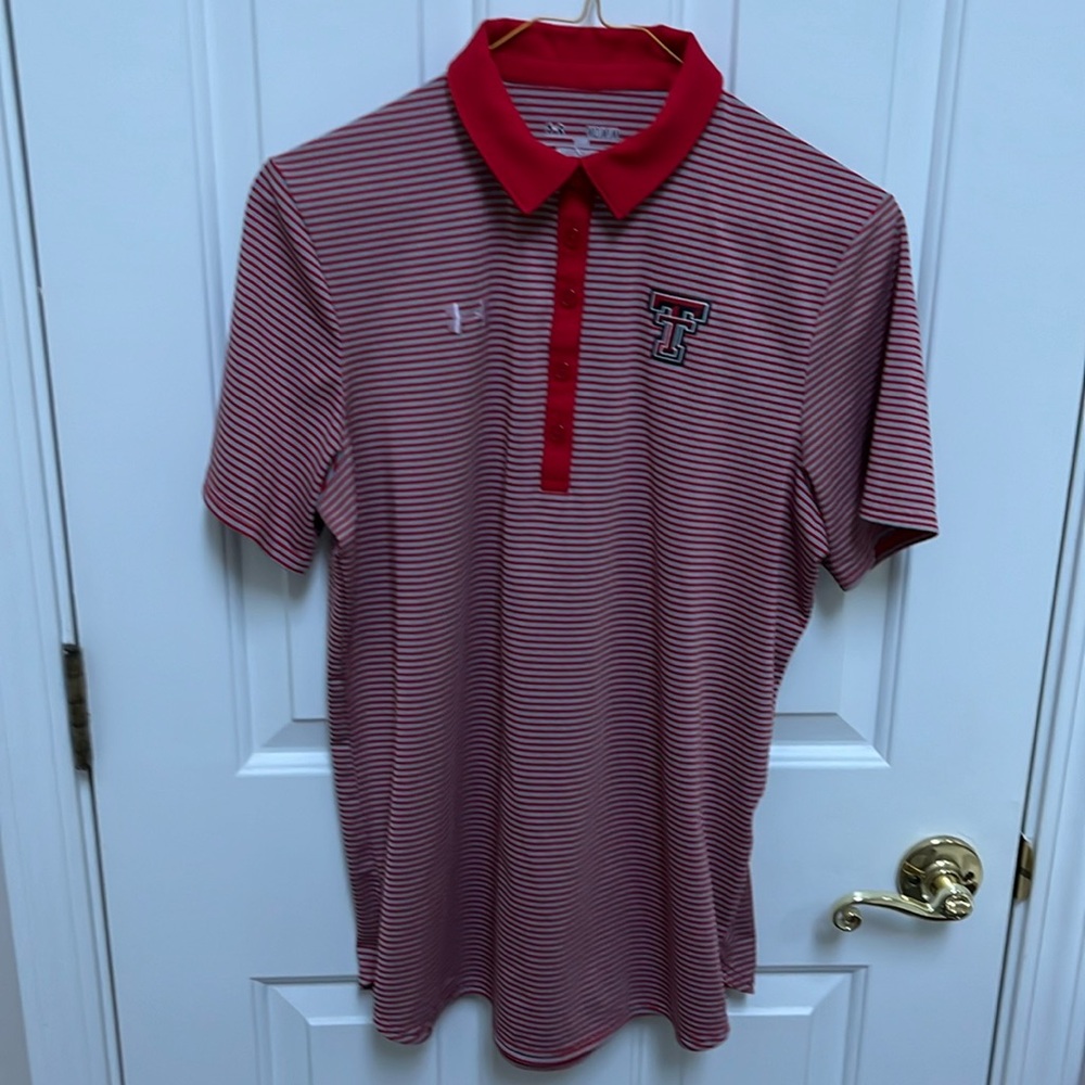 Women’s Under Armour Stripe Polo with Texas Tech logo.